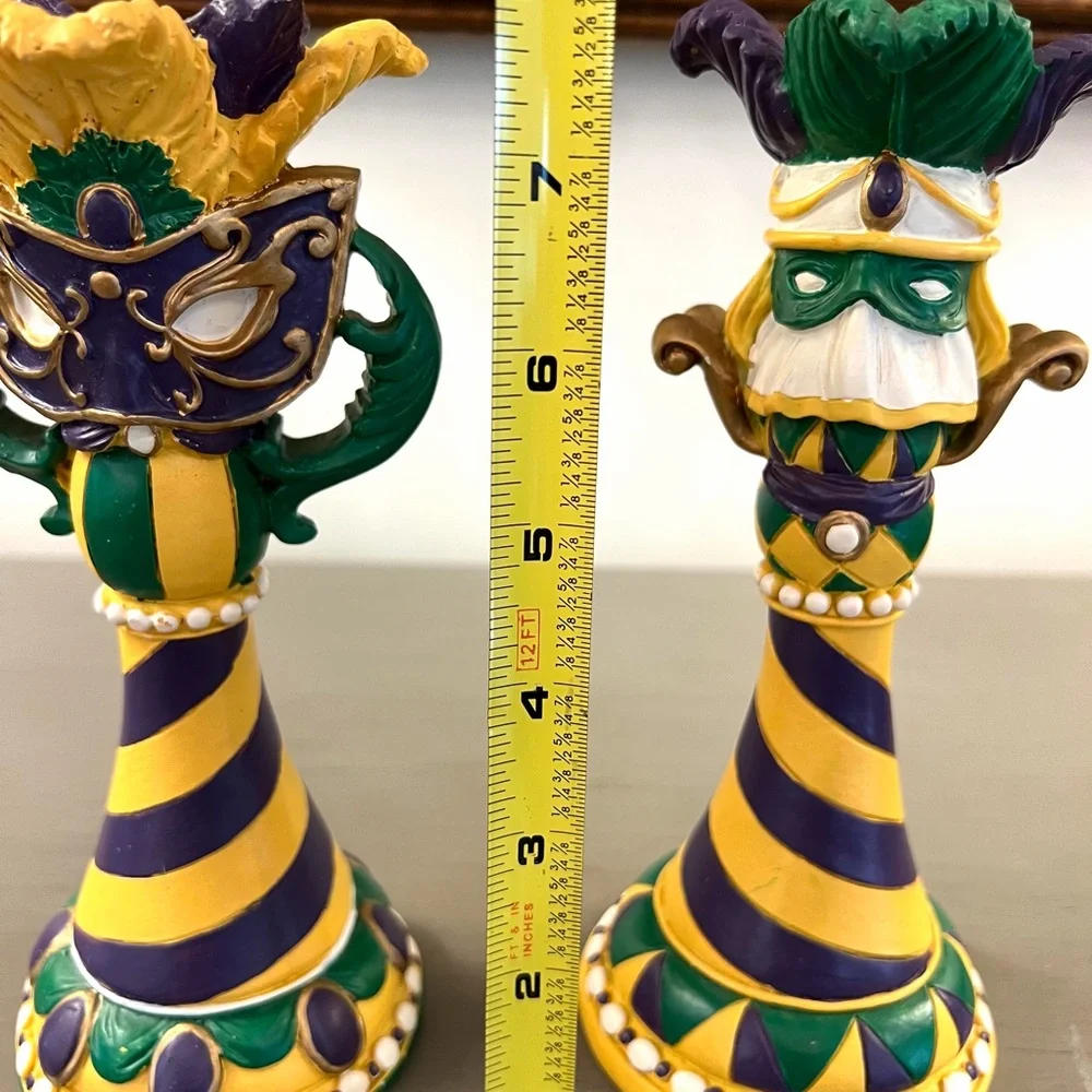 Vintage Mardi Gras Candle Holders Colorful Whimsical Set of 2 Resin Candlesticks